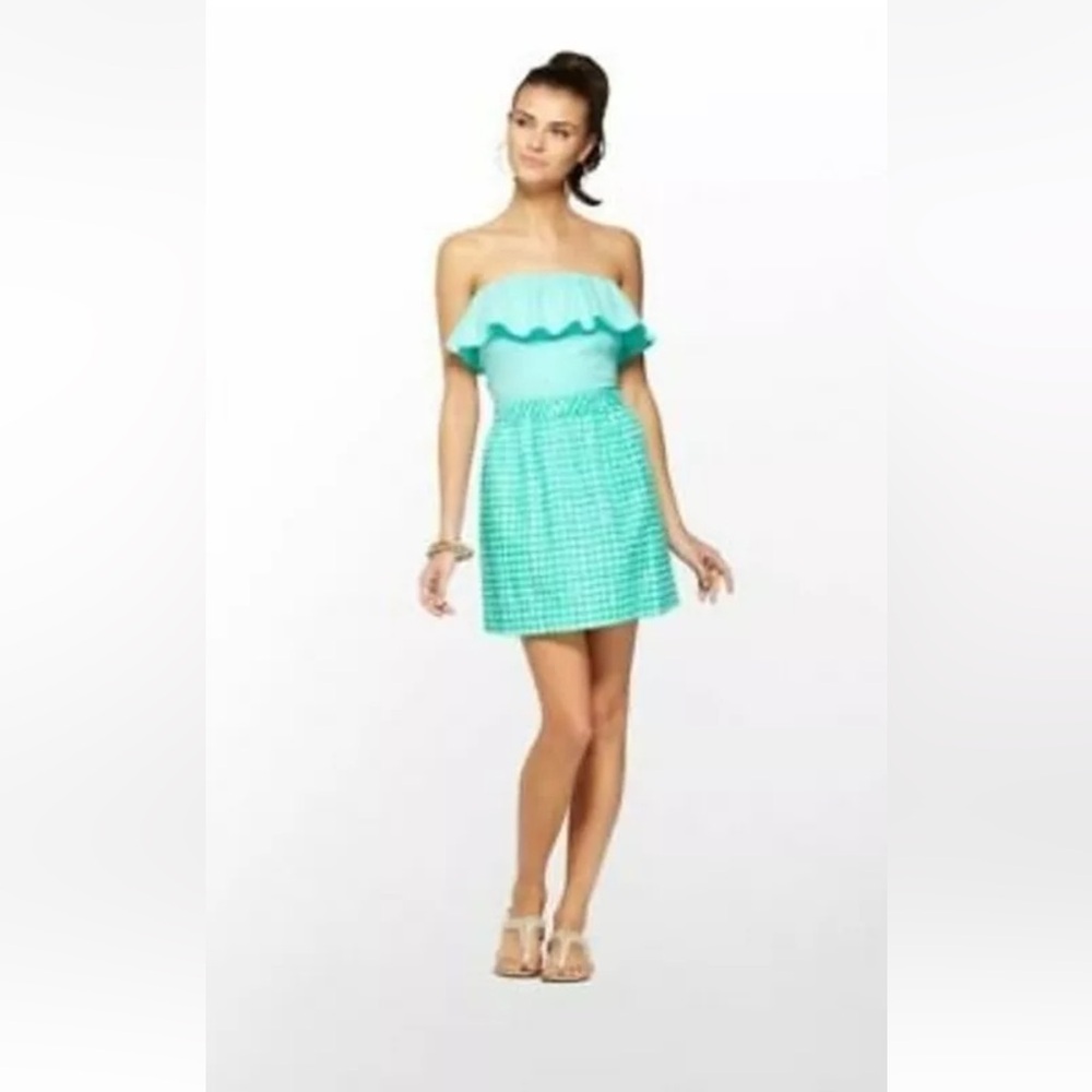 Lilly Pulitzer Strapless ruffled green gingham dress -size L